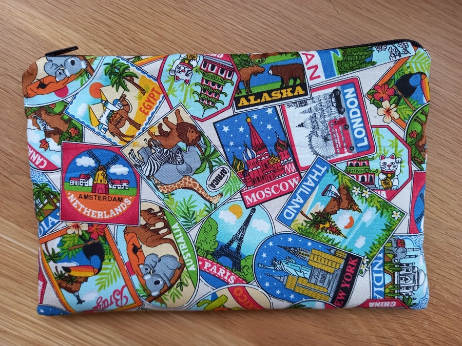 Cotton Travel themed  Storage pouch - ideal gift pencil case