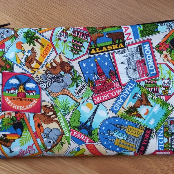 Cotton Travel themed  Storage pouch - ideal gift pencil case