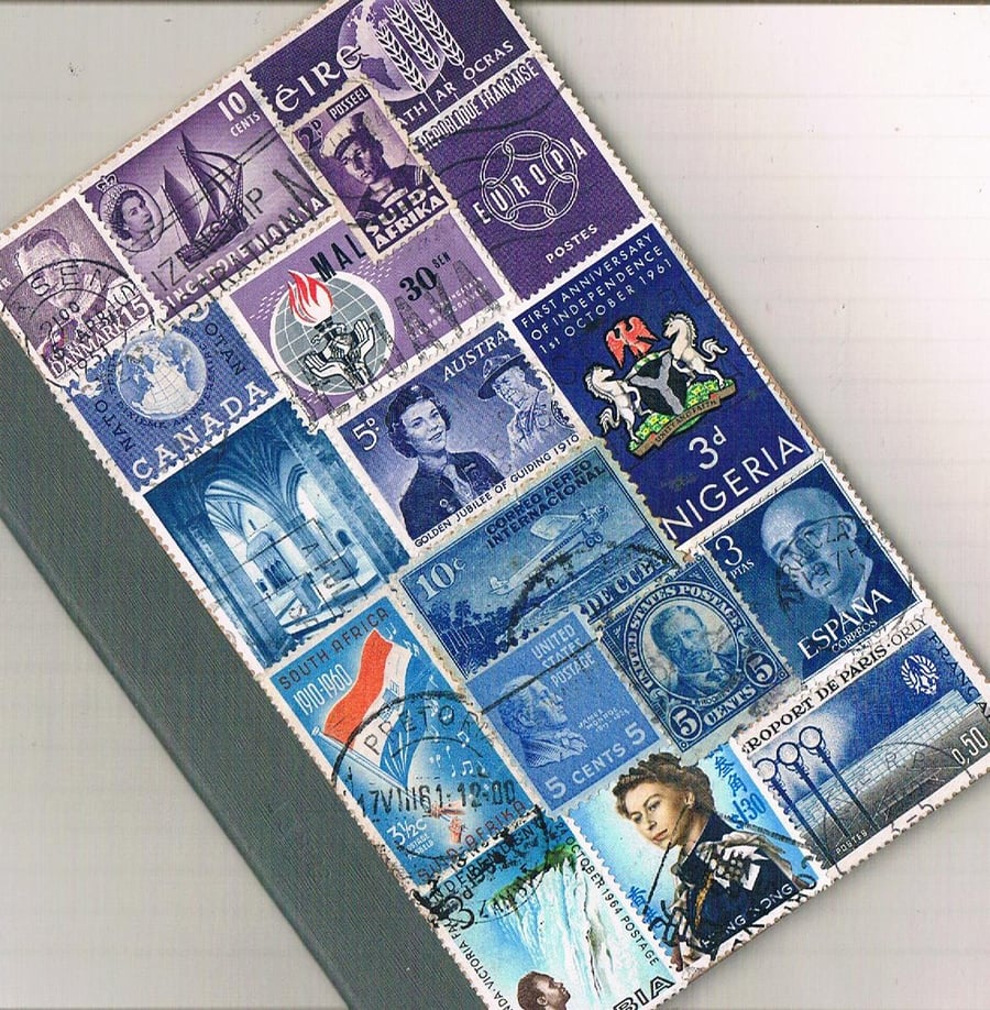 Blue-Purple A6 Notebook - upcycled vintage world postage stamp collage