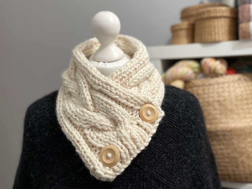 Hand Knitted Scarf with Buttons - Cream