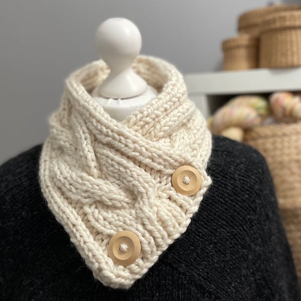Hand Knitted Scarf with Buttons - Cream