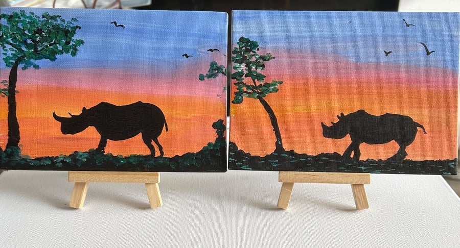 Original rhino paintings set of 2 wildlife sunset art with mini easels 