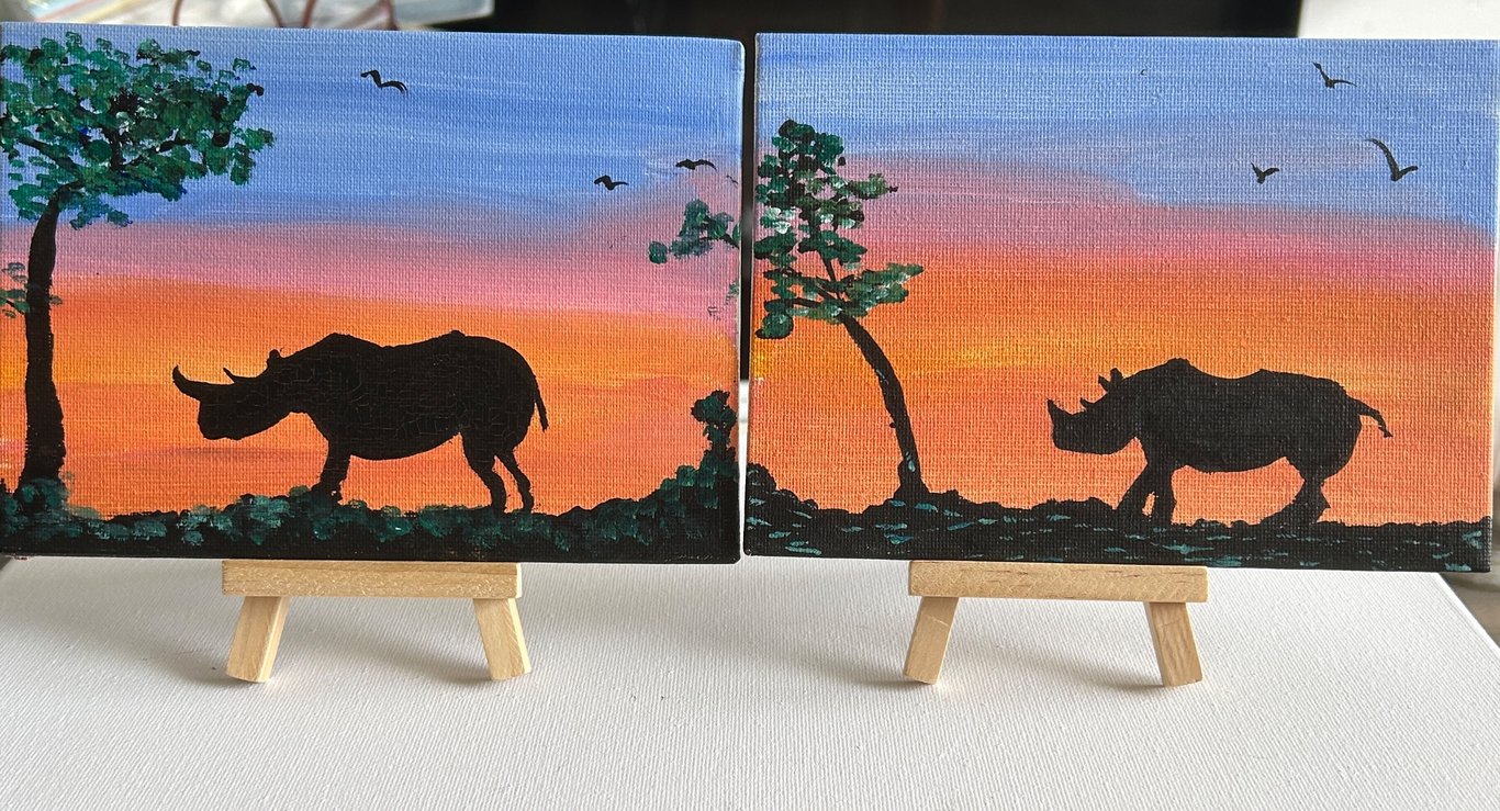 Original rhino paintings set of 2 wildlife sunset art with mini easels 