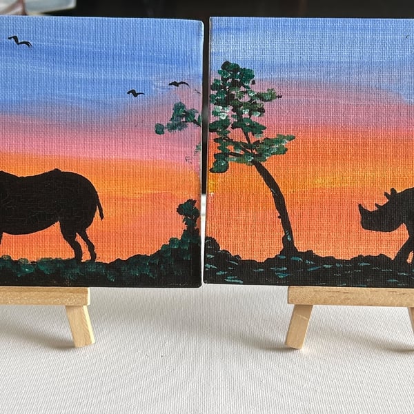 Original rhino paintings set of 2 wildlife sunset art with mini easels 
