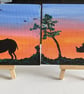 Original rhino paintings set of 2 wildlife sunset art with mini easels 