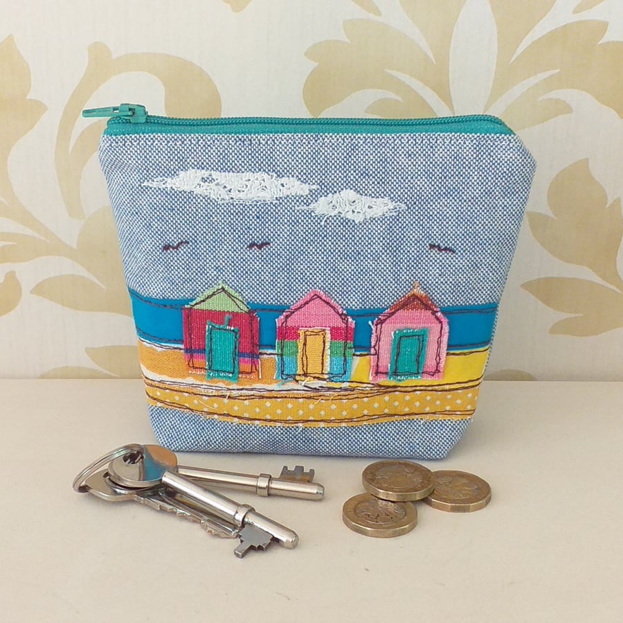 Coin Purse with Embroidered Beach Huts