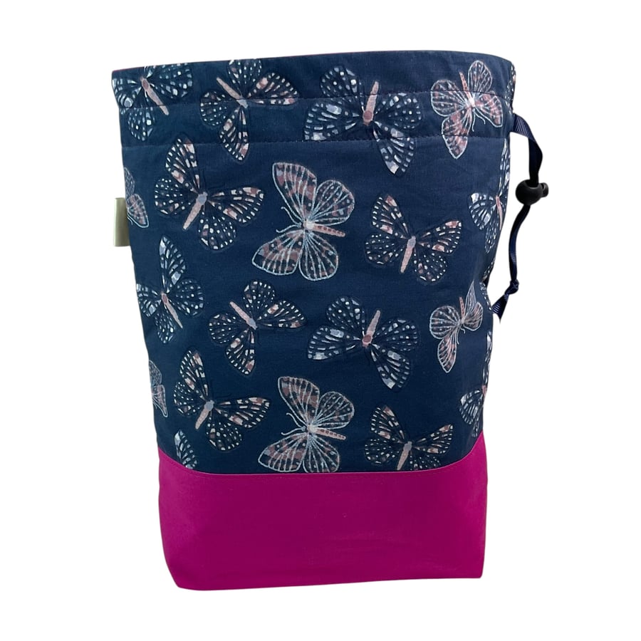 knitting bag with butterflies, divided sock sack, drawstring divided pouch, 