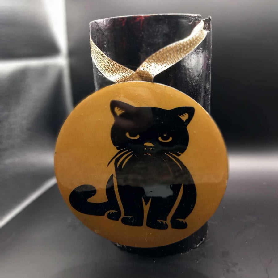 Medium-Sized Handmade and Unique Wooden Gold Cat Hanging Decoration