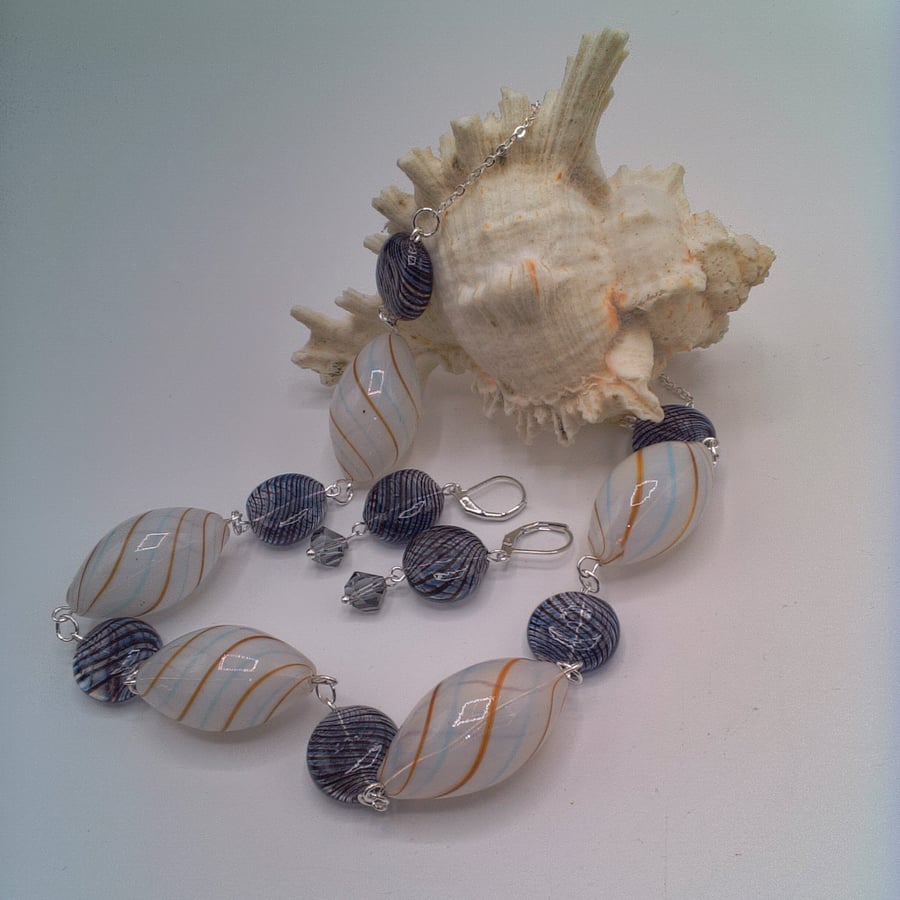 White and Navy Blue Hollow Glass Bead Necklace and Earrings, Gift for Her