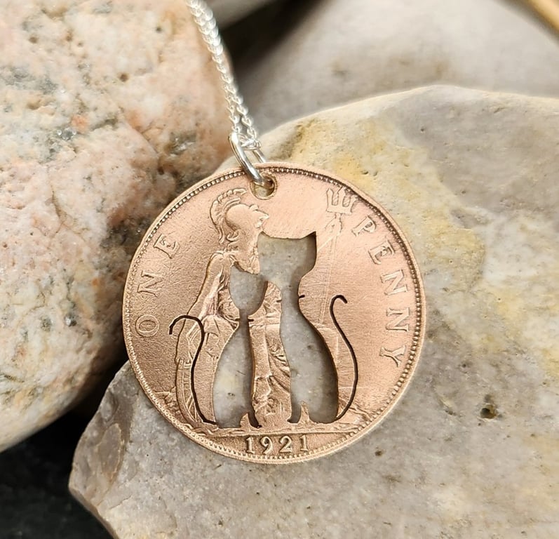 Upcycled penny coin pendant with two cats