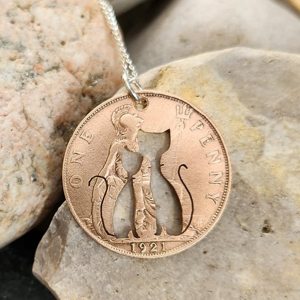 Upcycled penny coin pendant with two cats