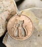 Upcycled penny coin pendant with two cats