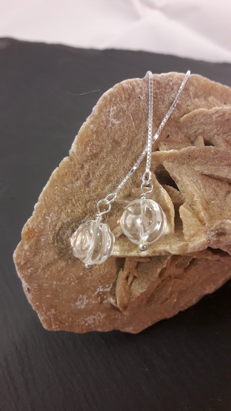 Clear Quartz Carved Rose Pull Through Sterling Silver Earrings