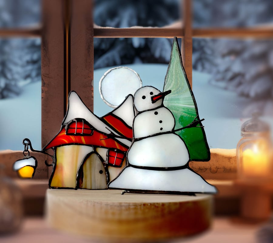 Stained Glass Art Christmas Snow Scene Suncatcher Tealight Holder  Home Decor