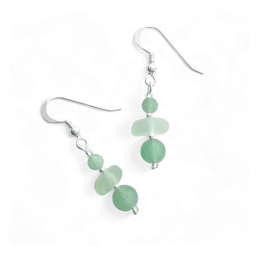 Sea Glass Earrings. Green Aventurine Crystal Dangly Earrings - Sterling Silver