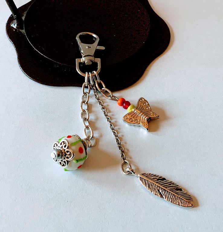 Lampwork Bead, Leaf & Butterfly Bag Charm