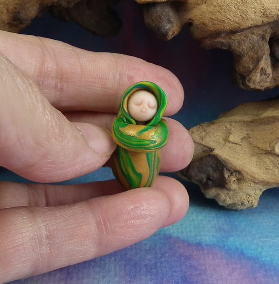 Spring Sale ... Baby Gnome in a leafy crib 'Sylv' OOAK Sculpt by Ann Galvin