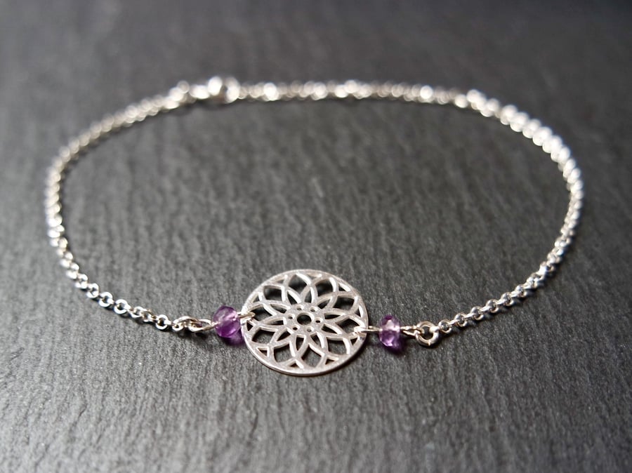 925 Sterling Silver Mandala Bracelet - Amethyst purple