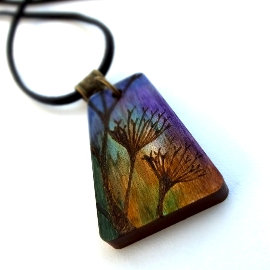 Winter Ochre Umbels Wooden Pyrography and Ink Maple Necklace Pendant
