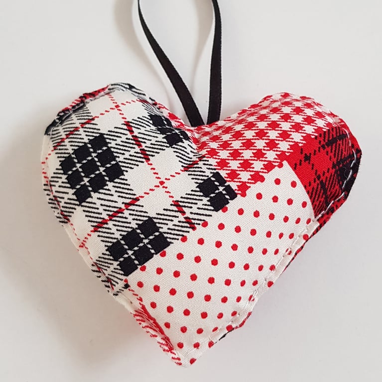 Red Black And White Patchwork Print Hanging Heart Decoration