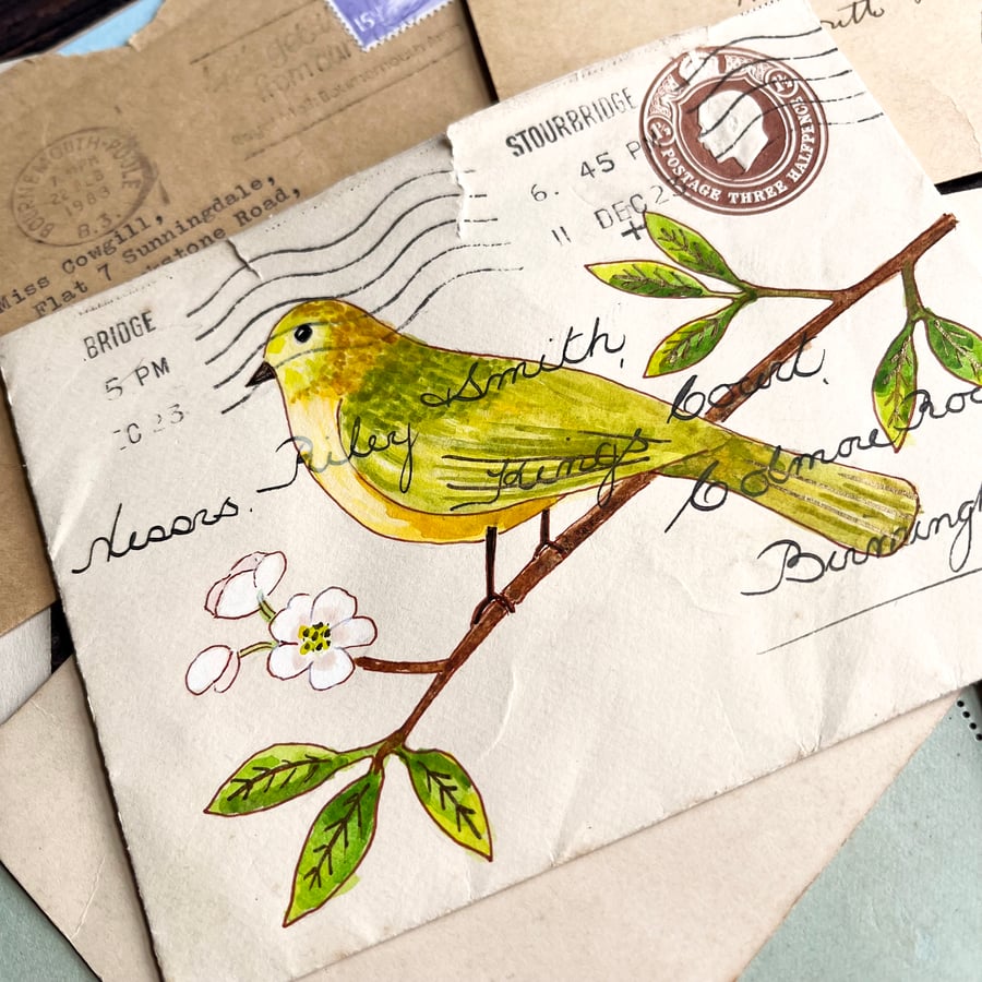 Ink and pen painting on vintage used envelope, bird and blossom artwork