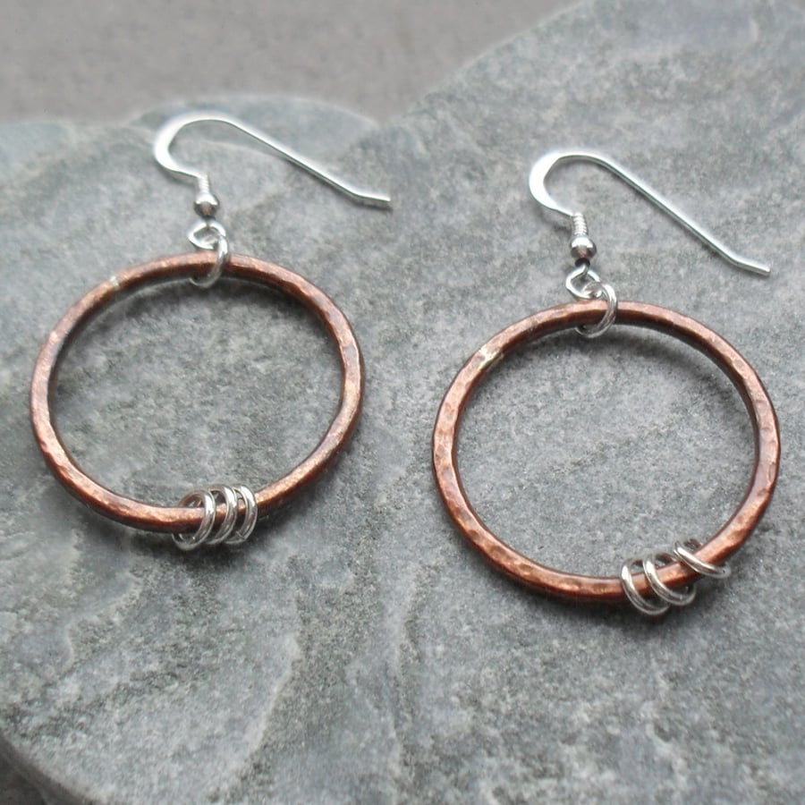 Oxidised Copper and Sterling Silver Hoop Earrings Dangle Earrings