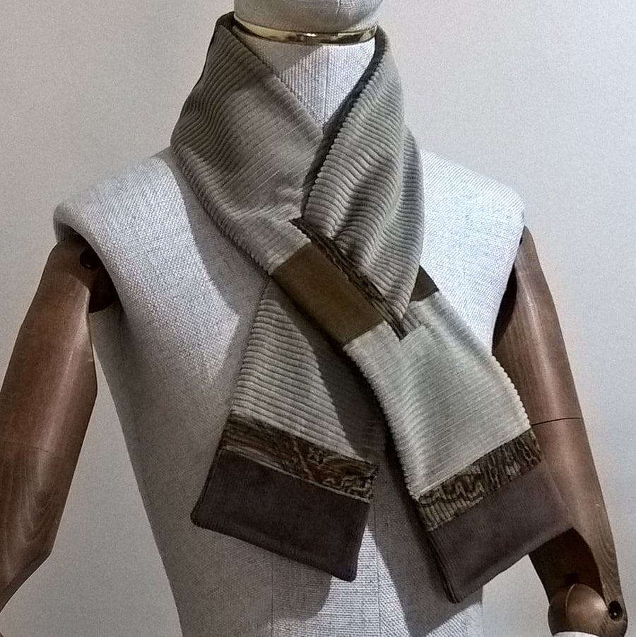Patchwork Keyhole Scarf in corduroy with fleece lining, pull through neck warmer