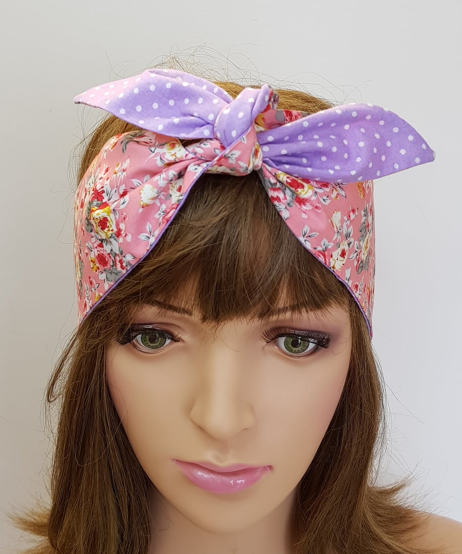 Self tie floral cotton headband rockabilly swin... - Folksy