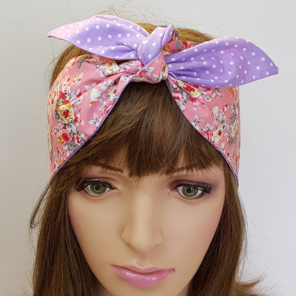Self tie floral cotton headband rockabilly swing pin up style hair scarf bandana