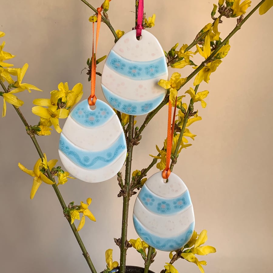 Small Easter Egg Porcelain Hanging Decoration - Blues & Pinks