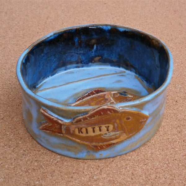 Cat bowl with fish, Blue ceramic kitty dish, Stoneware pet dish  4t