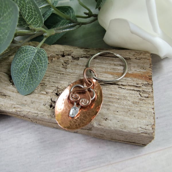 Keyring, Welsh Love Spoon, Copper and Sterling Silver Bag Charm
