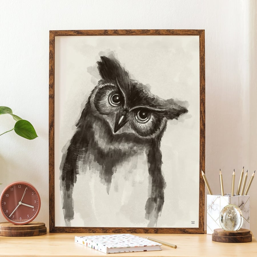 Brian The Owl Wall Art Print, Bird Print, Owl Animal Art Print, Owl Art Print A4