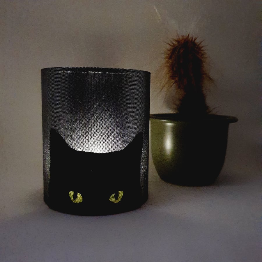 Black Cat Silhouette Lantern with LED candle and silvery fabric
