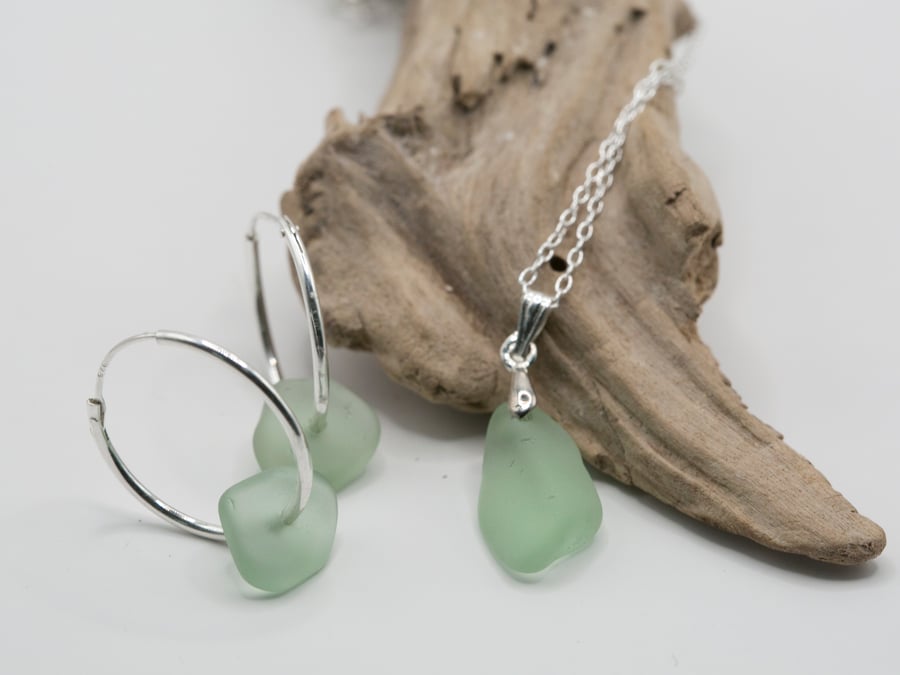 Sterling silver mint green sea glass necklace and earring set