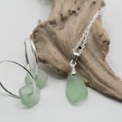 Sterling silver mint green sea glass necklace and earring set