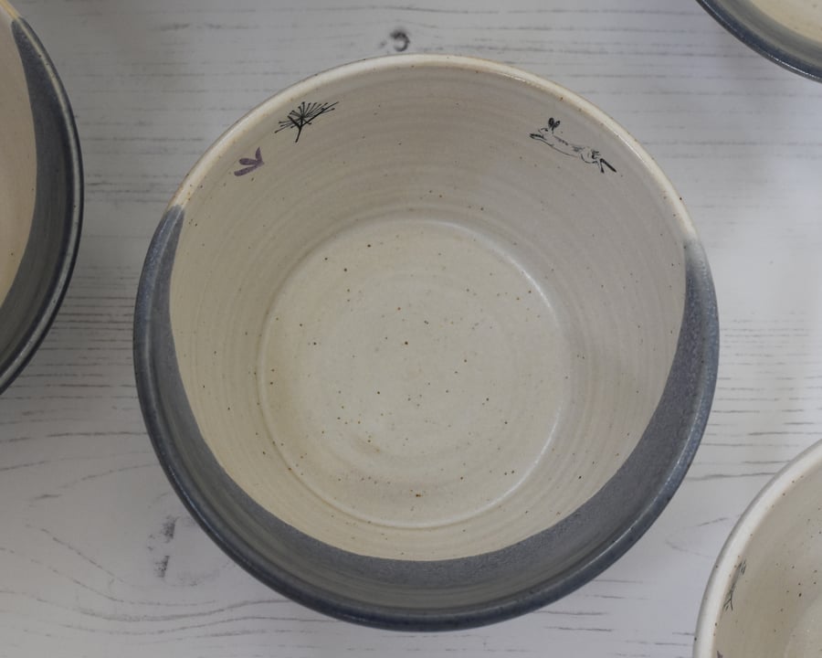 Ceramic hare rabbit bunny bowl, blue and white handmade pottery