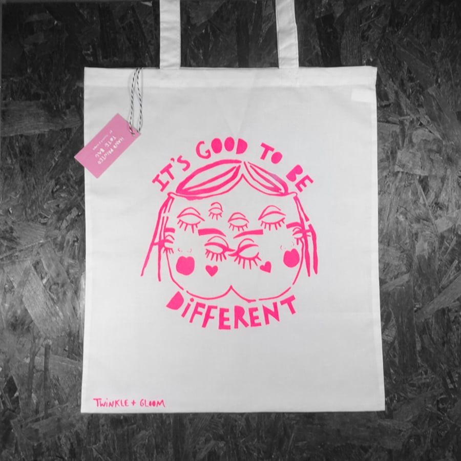 'It's good to be different' Handprinted Tote Bag (white)