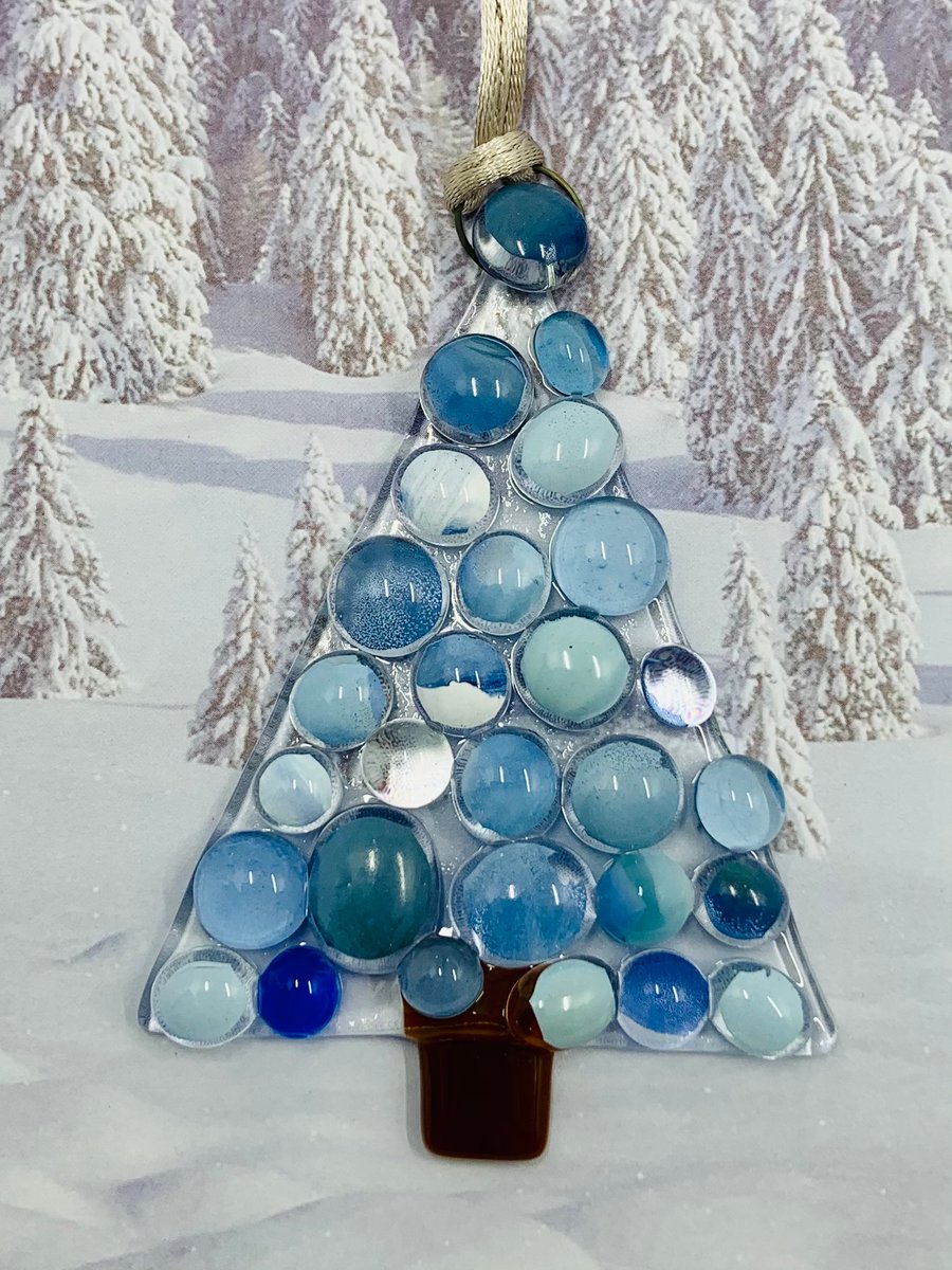 Handmade Fused Glass Xmas Tree Hanging Christmas Decoration 
