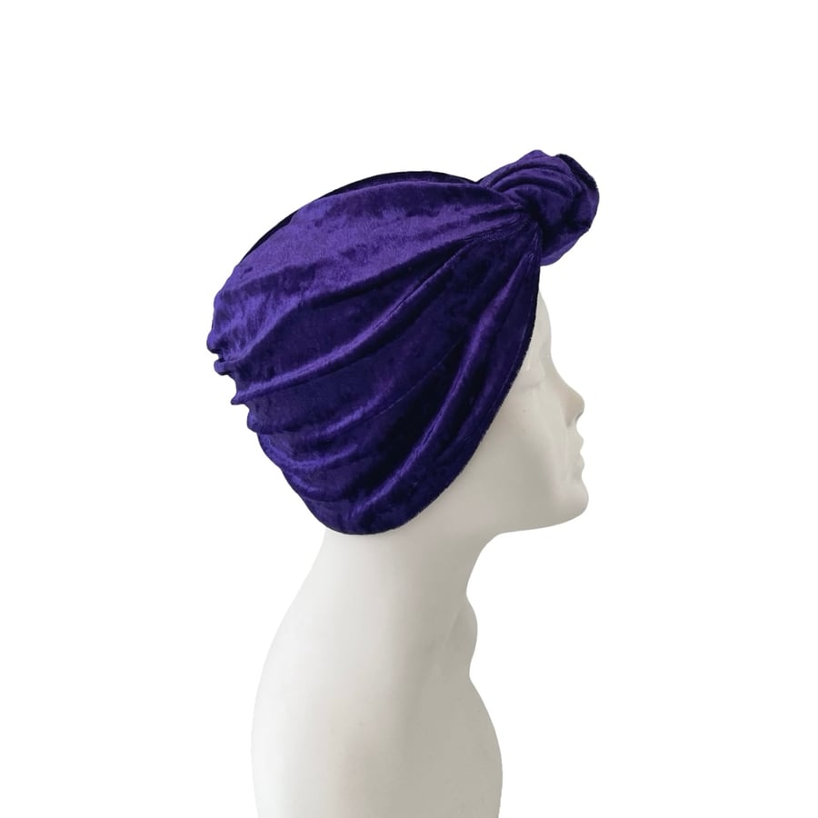 Purple Crushed Velvet Turban Hat for Women Vintage Style Head Wrap