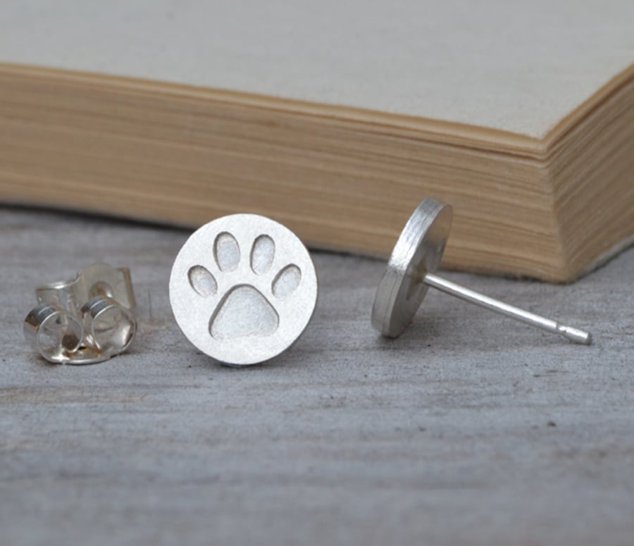 paw print earring studs in sterling silver, solid pawprint