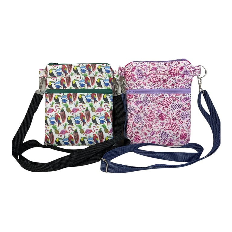 Liberty fabric slim shoulder bag with multi pockets, messenger style pink and pu
