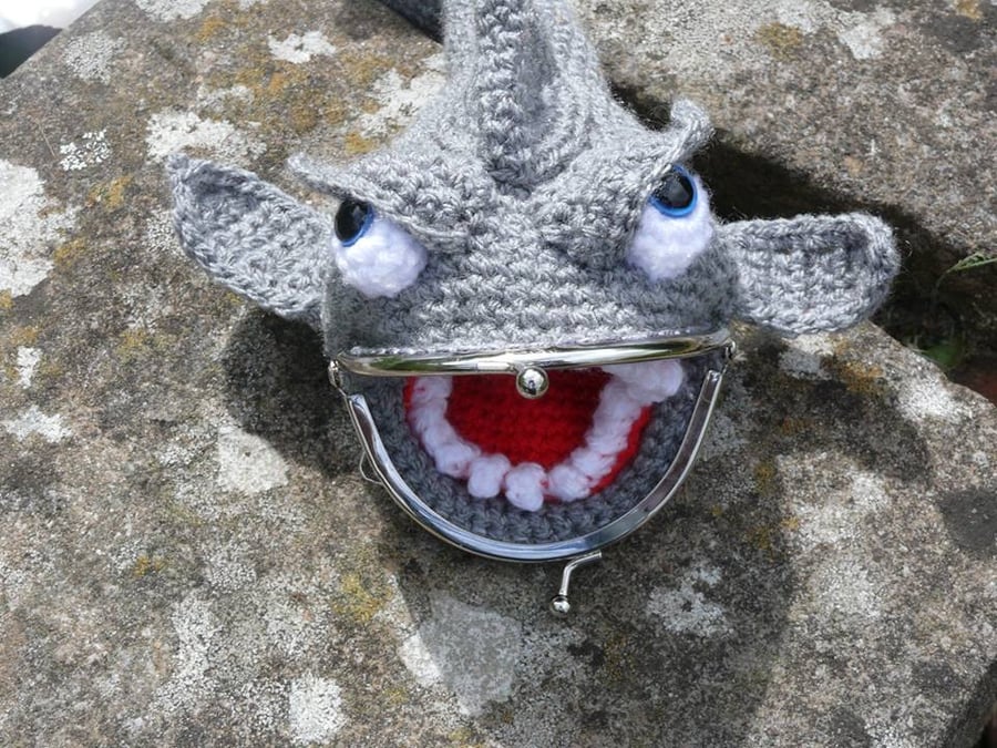 Crochet Novelty Grey Purse Shark, coin purse, crochet purse, novelty purse