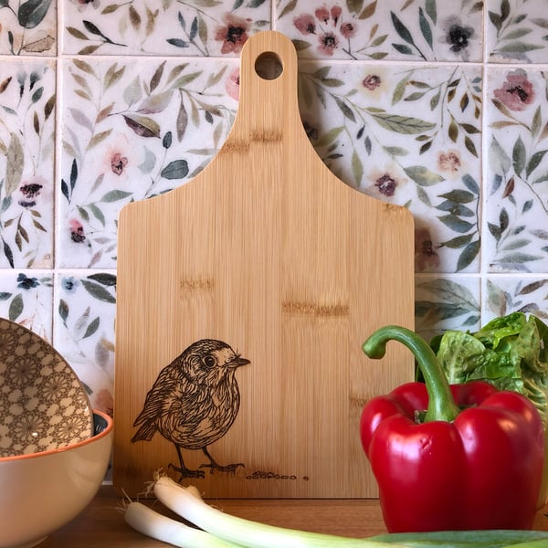 Bamboo wooden robin chopping board laser engraved with original artwork