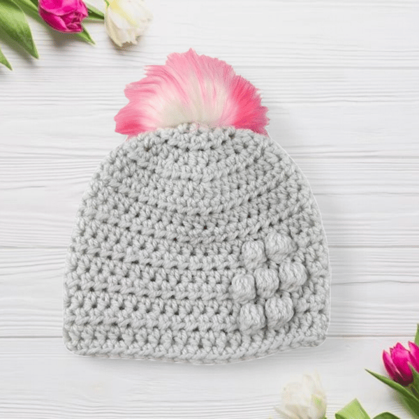 Light grey baby crocheted hat white faux fur pompom with purple & pink tips 