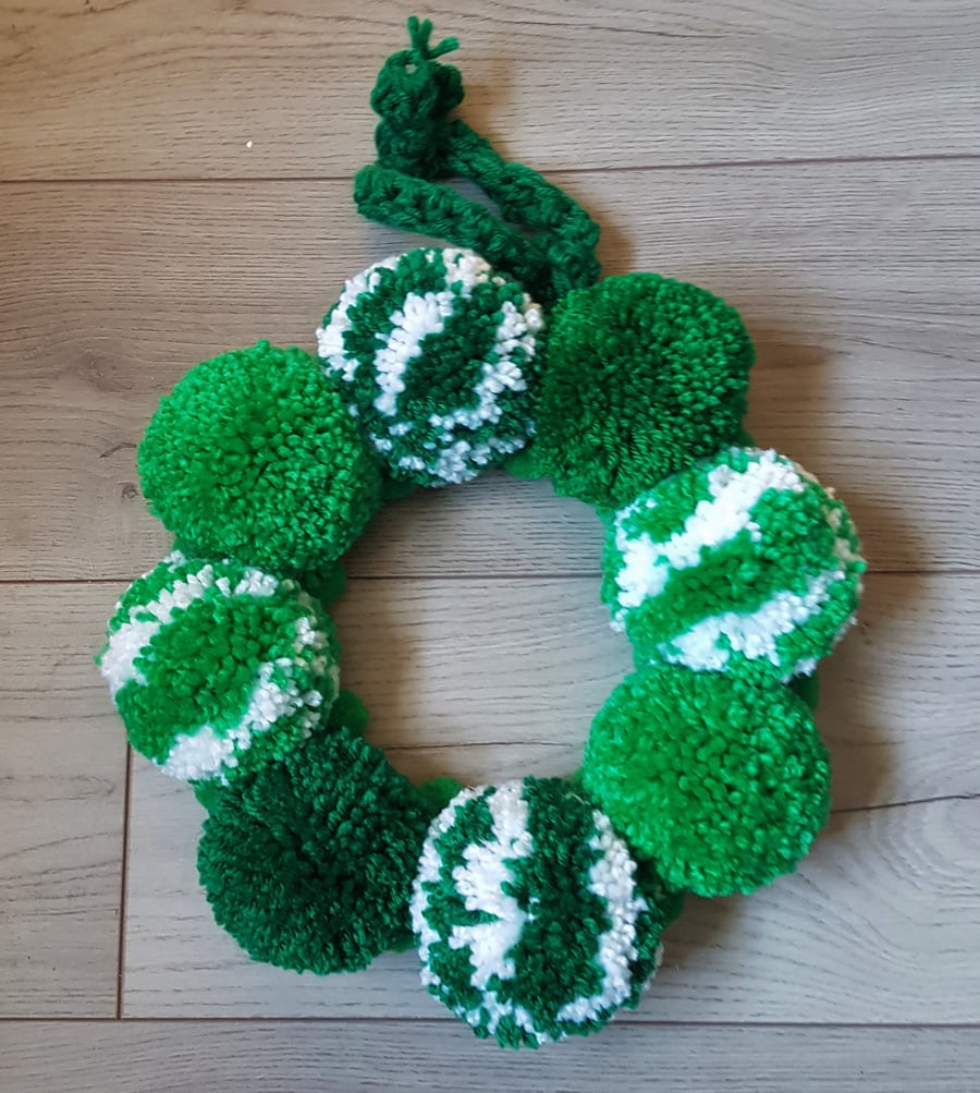 Green,and White Pom Pom Wreath 32cms - 12inches