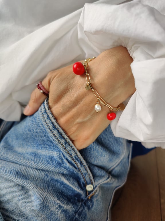 Tomato Charm Bracelet, Handmade Polymer Clay Bracelet, Pearl Gold Chain Bracelet