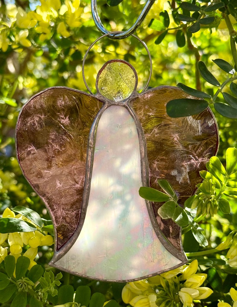 Stained Glass Bell Angel Decoration - White body with deep pink wings