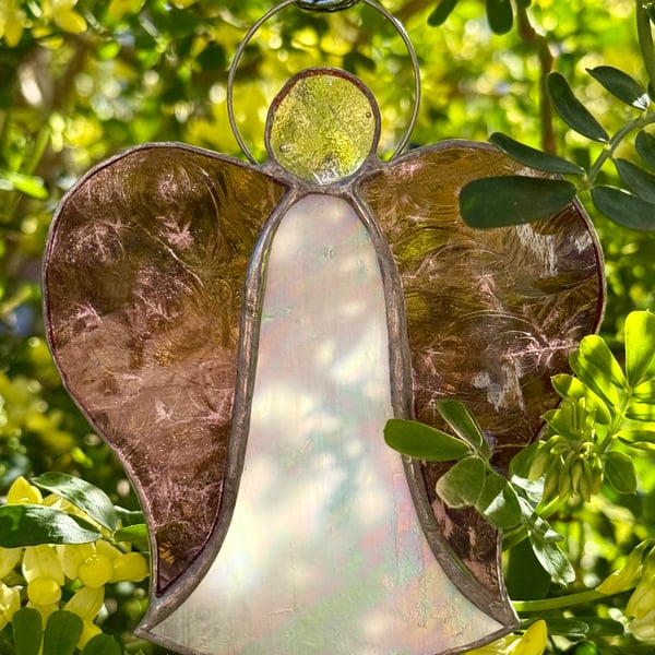 Stained Glass Bell Angel Decoration - White body with deep pink wings