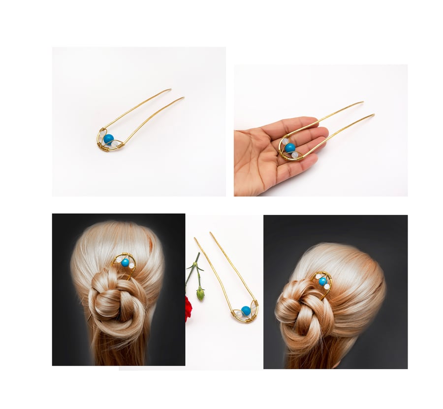 Handmade blue quartz  brass  Hair Fork, Hair Pin, Hair Bun Holder,